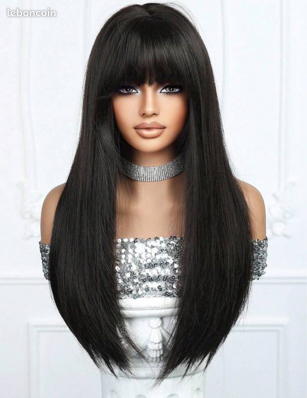 Perruque Synthétique Noire Longue Et Lisse Avec Frange - Neuf Sans étiquettes + 4 Bonnets OFFERTS