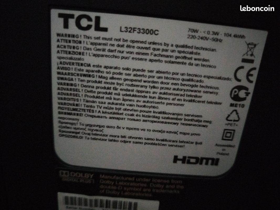 Téléviseur LED 32" (81 cm) TCL L32F3300C (image 4)