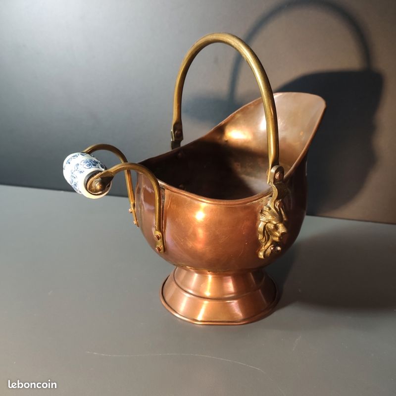 Seau à Charbon Ancien En Cuivre Et Laiton – Style Antique, Objet Déco Industriel Ou Rustique
