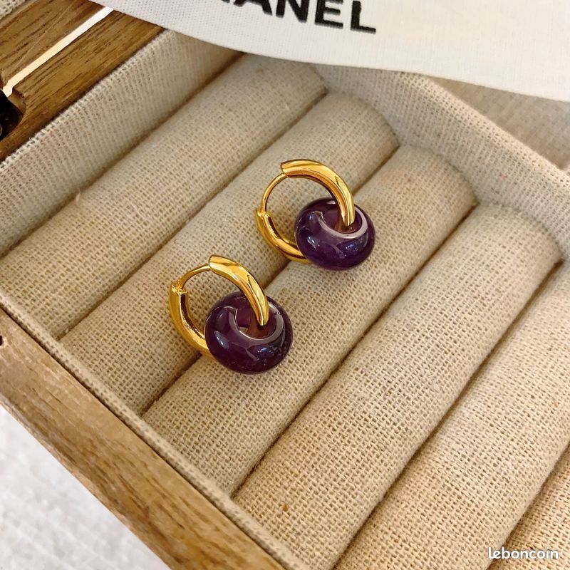 Boucles D'oreilles Perçeuses Améthyste Et Hématite - Hauteur 3.6 Cm - Acier Chirurgical - Neuf Avec étiquettes