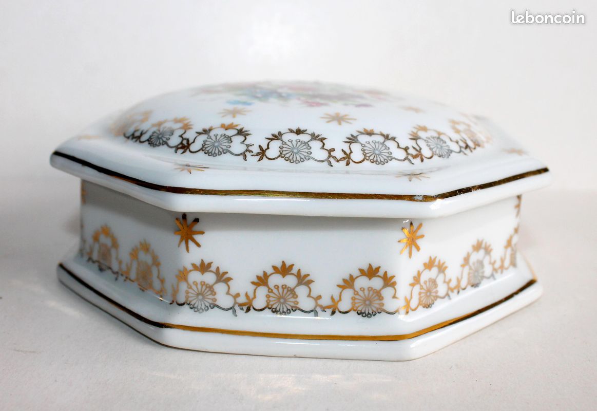 JOLIE BOITE BONBONNIERE BIJOUX LIMOGES PORCELAINE SOLEIL BLANC Collection D Imgx1200 2010