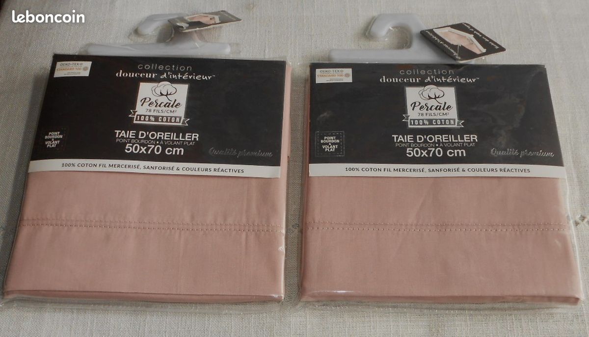 🌿🍀 Neuf/Lot 2 très Jolies Taies d'Oreiller rectangulaires-A Volant Plat finition Point bourdon- 50cm x 70cm-100 % Percale de Coton 78fil doux et soyeux -tissage très serré 78fils/cm2-Oeko Tex (image 3)
