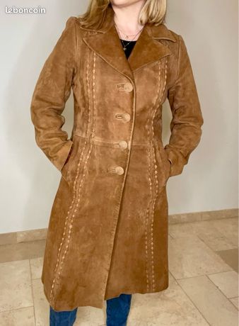 Veste Vintage Années 80 En Cuir Daim Peplum Marron Imprimé Animal - Taille S - Occasion Très Bon état
