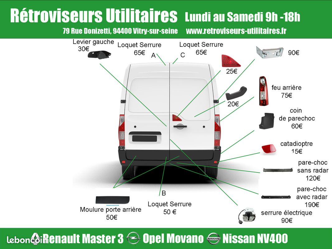 SERRURE PORTE ARRIERE complet POUR RENAULT MASTER OPEL MOVANO NISSAN NV400  à partir 2010 [NEUF] - Équipement auto