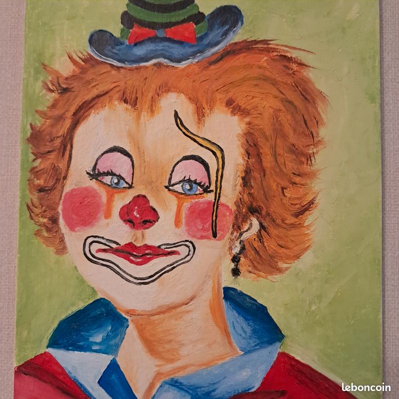 Tableau Rétro Vintage Signé Clown Couché Années 60/70 - Dimensions 29 X 23 Pouces