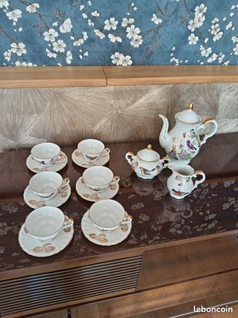 Service Thé X 6 Gens 9pezzi, Porcelaine Modèle Jacinthe des Bois
