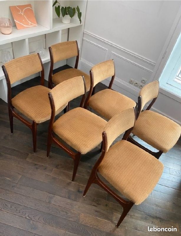 Suite de 6 chaises scandinaves en teck & velours sable dans le goût d’Erik Buch - Vintage des années 60’s (image 6)