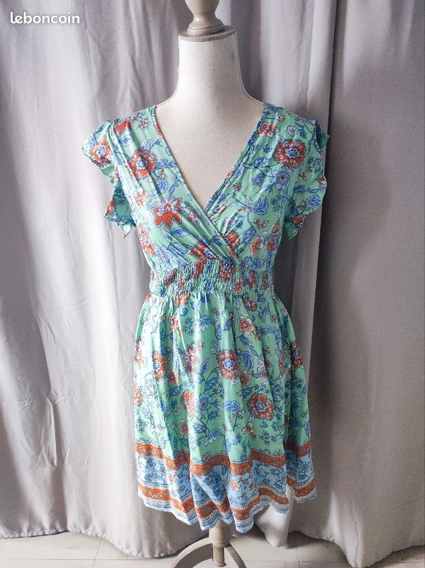 Robe d'été cache cœur turquoise fleurie rouge orangé vintage bohème T38 (image 1)