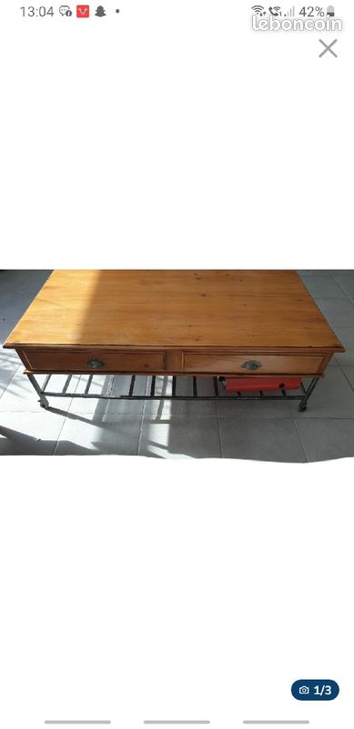 Table basse bois anglais 2 tiroirs et fer forgé rectangulaire (image 1)