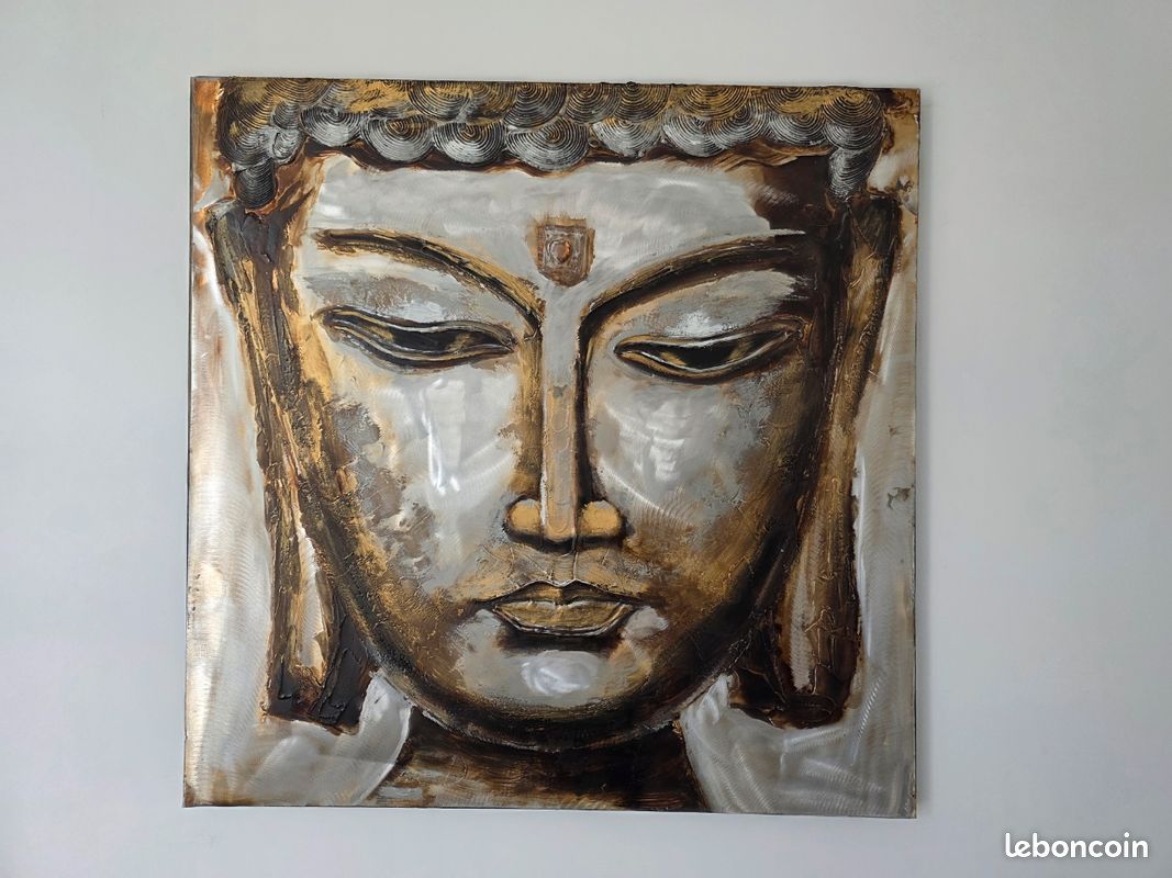 Grand Tableau Bouddha Relief 3D – Toile et Métal – 80x80 cm (image 1)
