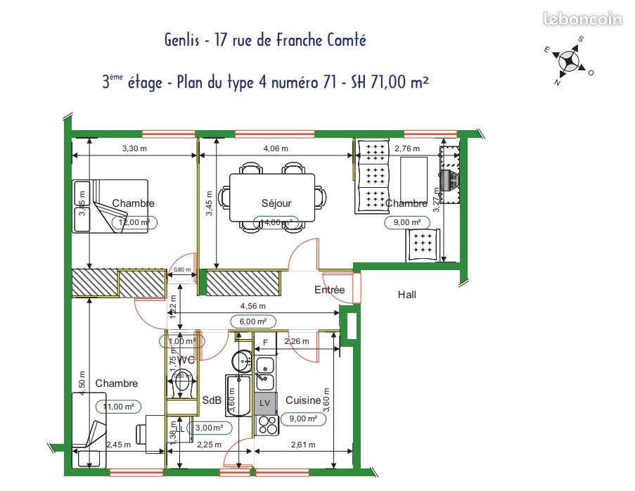 Appartement 4 pièces 71 m² · à Genlis · 71 m² · 517 €/mois