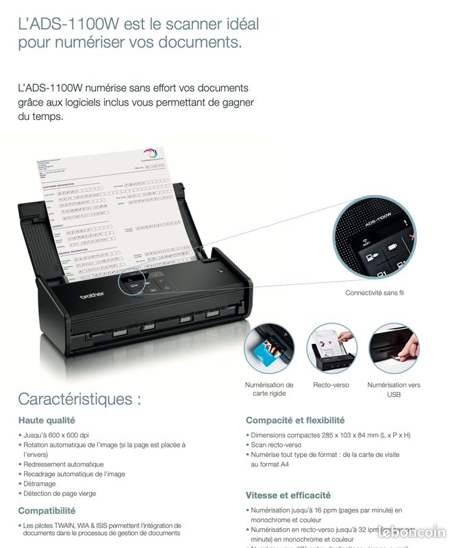Scanner pro Brother compact ADS1100W (recto‐verso, scan carte rigide, 1200 dpi) PC/Mac, impeccable (image 8)