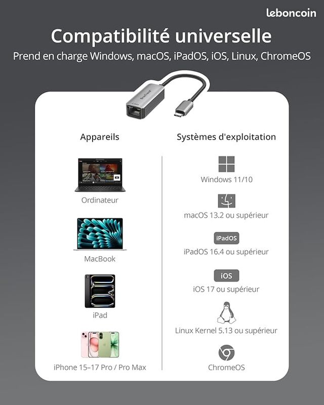 Adaptateur USB-C Vers Ethernet 2.5Gb BrosTrend - Plug & Play Pour PC, Mac, IPad - Garantie à Vie