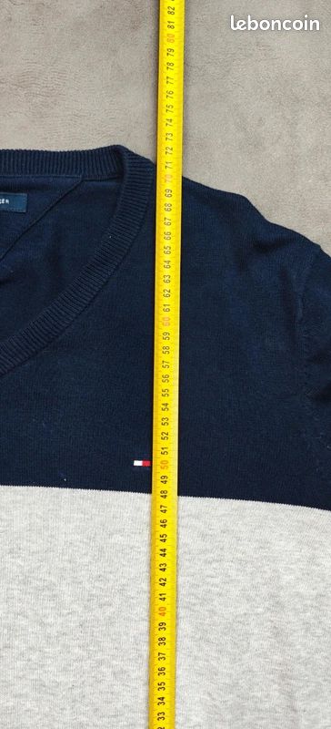 Sweat Tommy Hilfiger [L] 100% coton col V logo brodé homme pull marine (image 11)