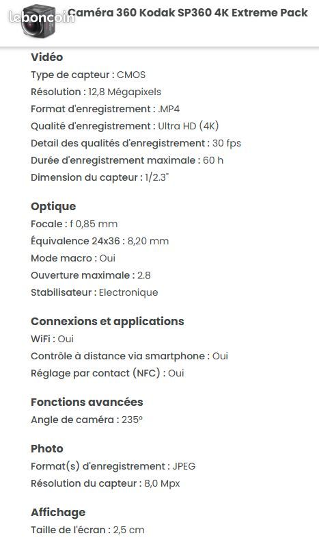 Gopro KODAK Pixpro sp360k (coloris noir) modèle extrême pack (image 2)