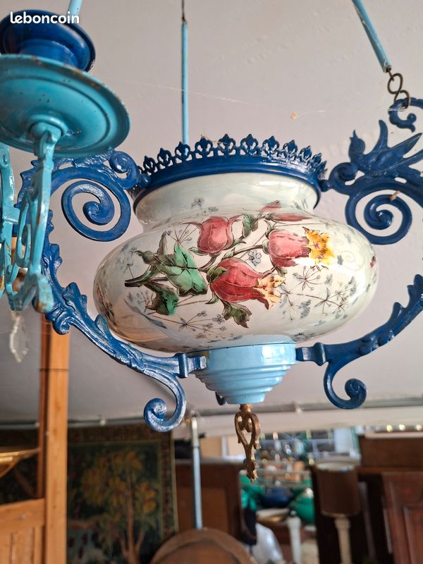 Lustre ancien en métal bleu avec abat-jour peint à la main (image 6)