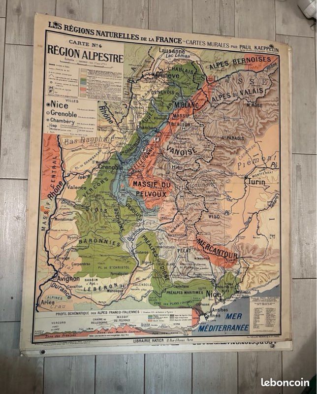 Ancienne carte scolaire Régions alpestre « Nice, Grenoble, Chambéry naturelles Kaeppelin Deffontaines 120x99 cm » (image 1)