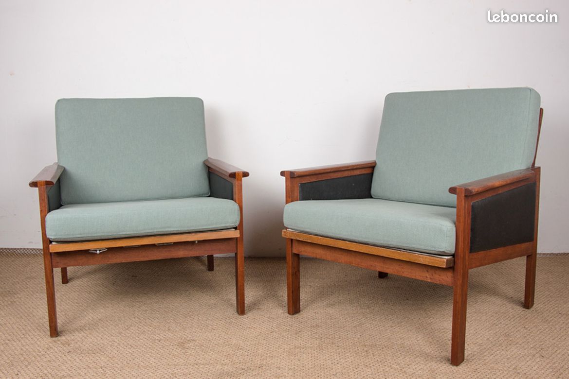 Paire de Fauteuils Danois en Teck, tissu et cuir, modèle N°4 Capella Illum Wikkelsø pour Niels Eilersen 1960 (image 1)