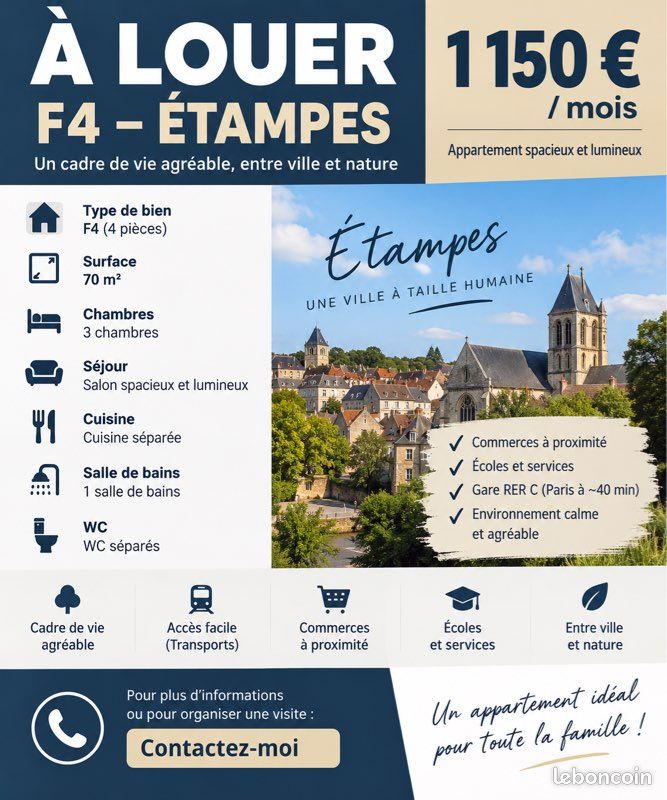 Appartement 4 pièces 70 m² · à Étampes · 70 m² · 1 150 €/mois