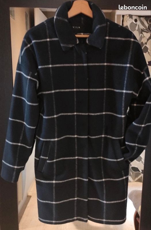 Manteau en laine bleu marine et blanc (image 3)