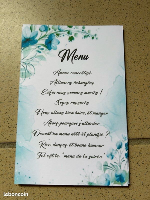 Carton menu poème mariage bleu … (image 1)