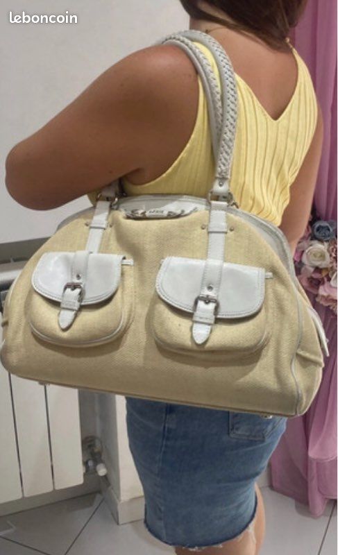 Grand Sac à main de luxe DIOR en cuir et toile beige (image 2)