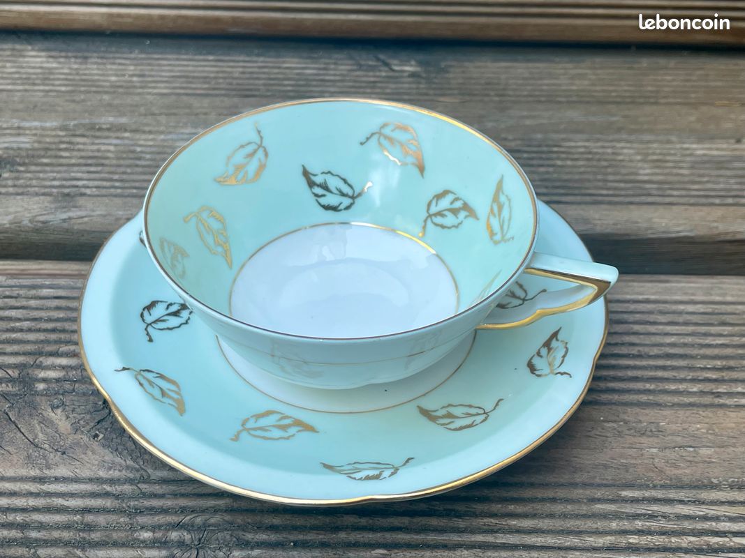 Ancien SERVICE à THE ou CAFE Art Déco Porcelaine Limoges Charles Ahrenfeldt Vert d’eau et Or (image 2)