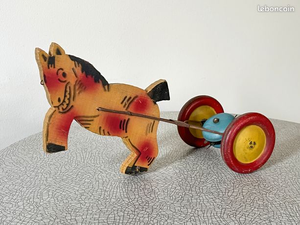 Ancien Jouet à Tirer En Bois – Charrette Avec Animaux – Wagon Vintage