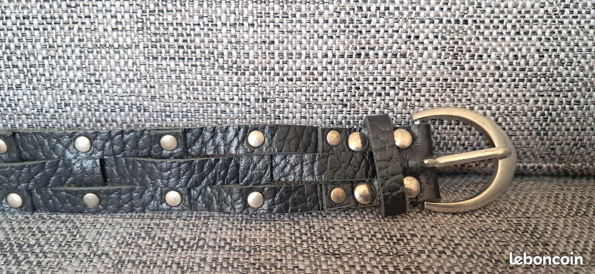 Bracelet en cuir noir tressé et clous argentés (image 7)