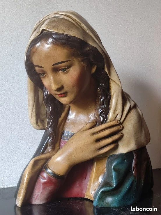 ANCIEN BUSTE DE la Vierge Marie en cire et terre cuite doré XX EUR 45,00 - FR