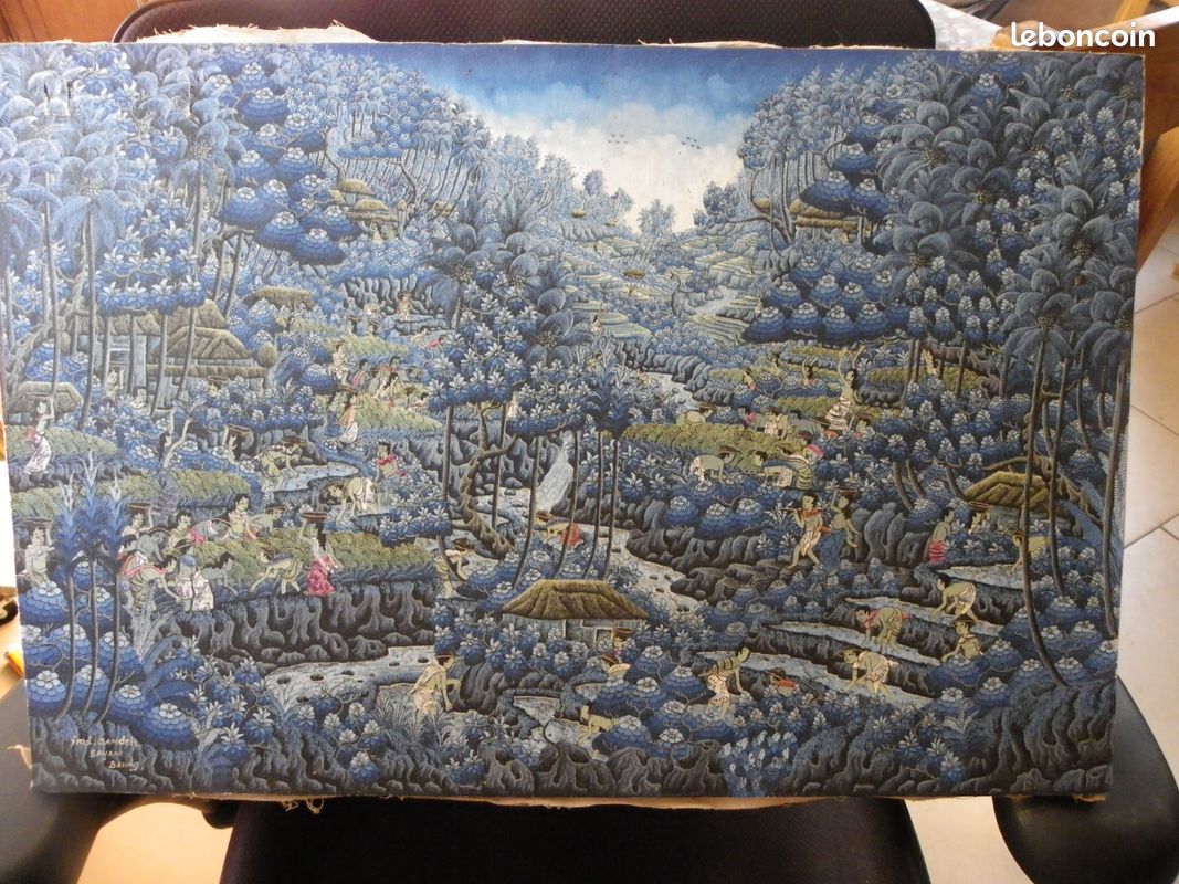 Peinture toile Balinoise signature à voir vintage 60 x 40 cm (image 1)