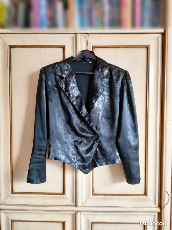 Veste veston satin imprimé floral fleurs col revers col V double boutonnage épaulettes chatoyant (image 1)