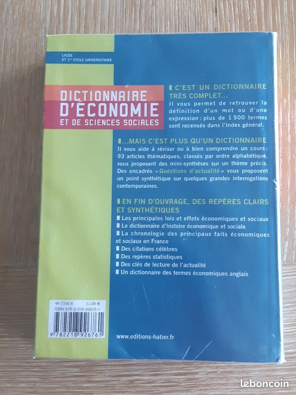 "Dictionnaire d'économie et de sciences sociales" édition HATIER de Jean-Yves Capul et Olivier Garni (image 2)