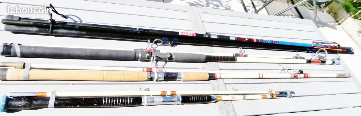 Cannes à pêche surf casting 4,5 m carbone + autres cannes en fibre de verre pleines et creuses – Pêche au gros – 1 Long piquet pour cannes surf casting – Moulinets divers petits et très gros (image 11)