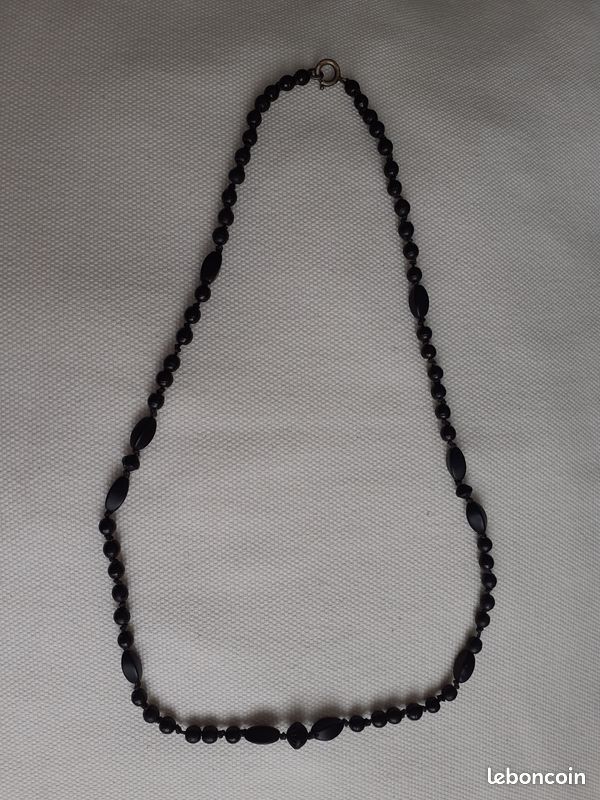 Collier Ancien En Perles De Jais Noir - Bijou Vintage, Occasion
