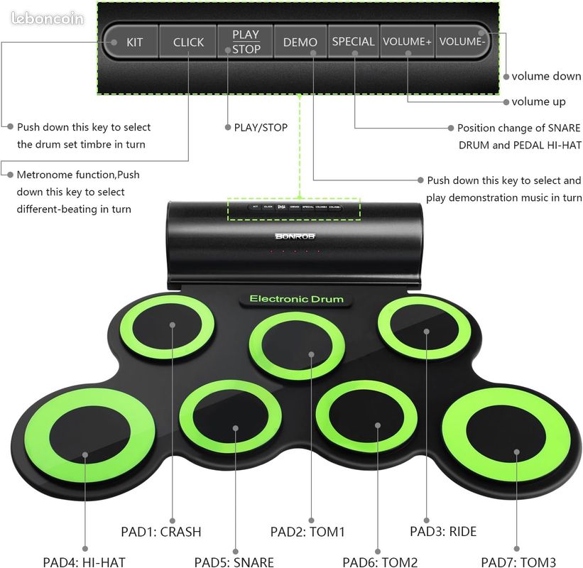 BONROB Batterie Electronique Drum Set, Roll Up percussions Midi Drum Kit avec Casque et Enceintes in (image 3)