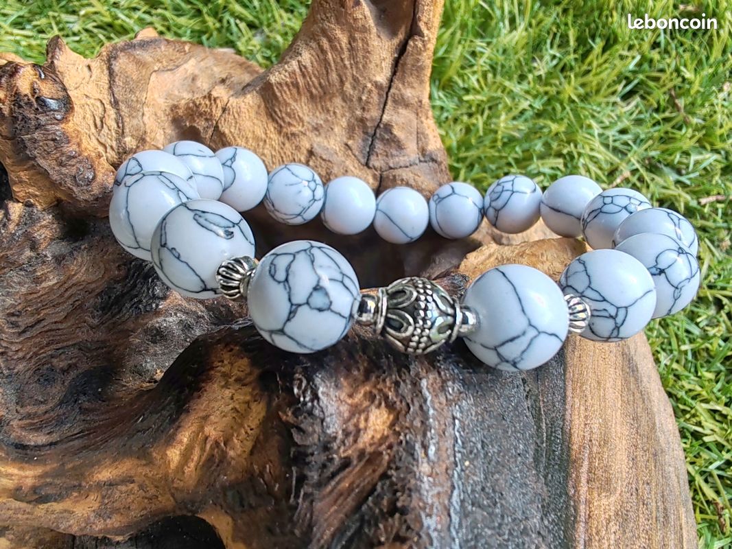 Bracelet pierres howlite blanche striée grise 10 mm (image 4)