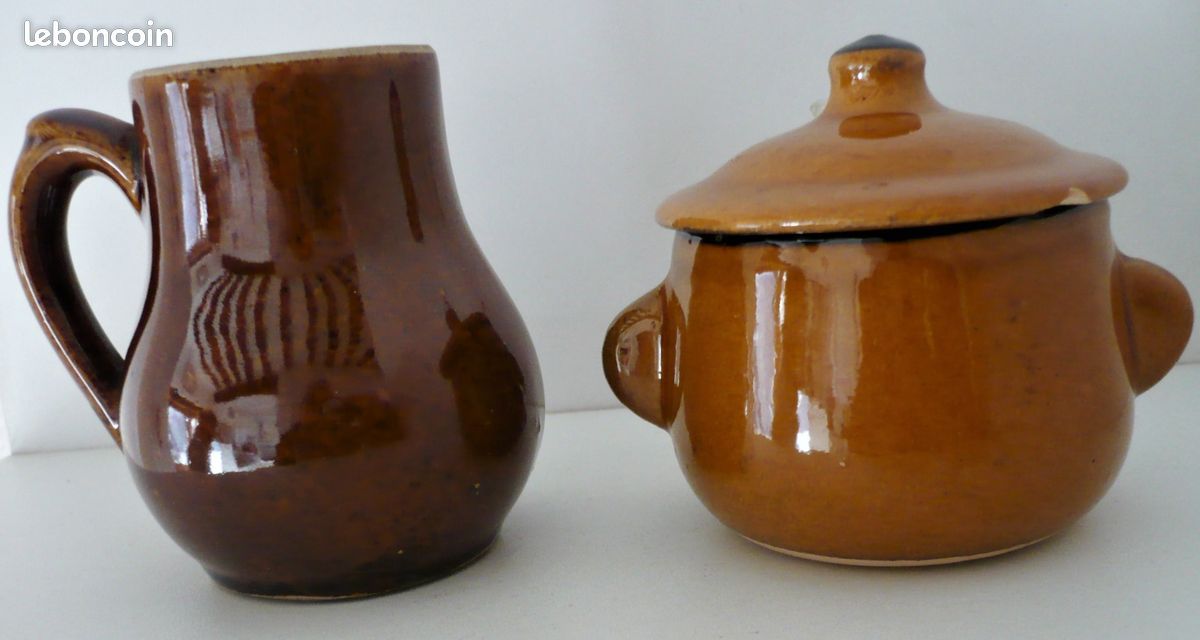 Moutardier et pot à crème anciens terre cuite vernissée (image 3)