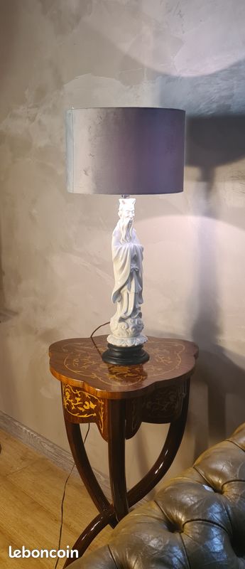 Lampe ceram porcelaine et abat jour velour gris 66x30 (image 3)