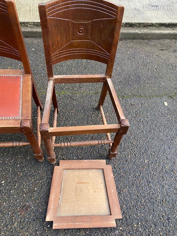 4 chaises gondoles art déco en bois massif chêne cuir skaï bordeaux 1930 (image 3)