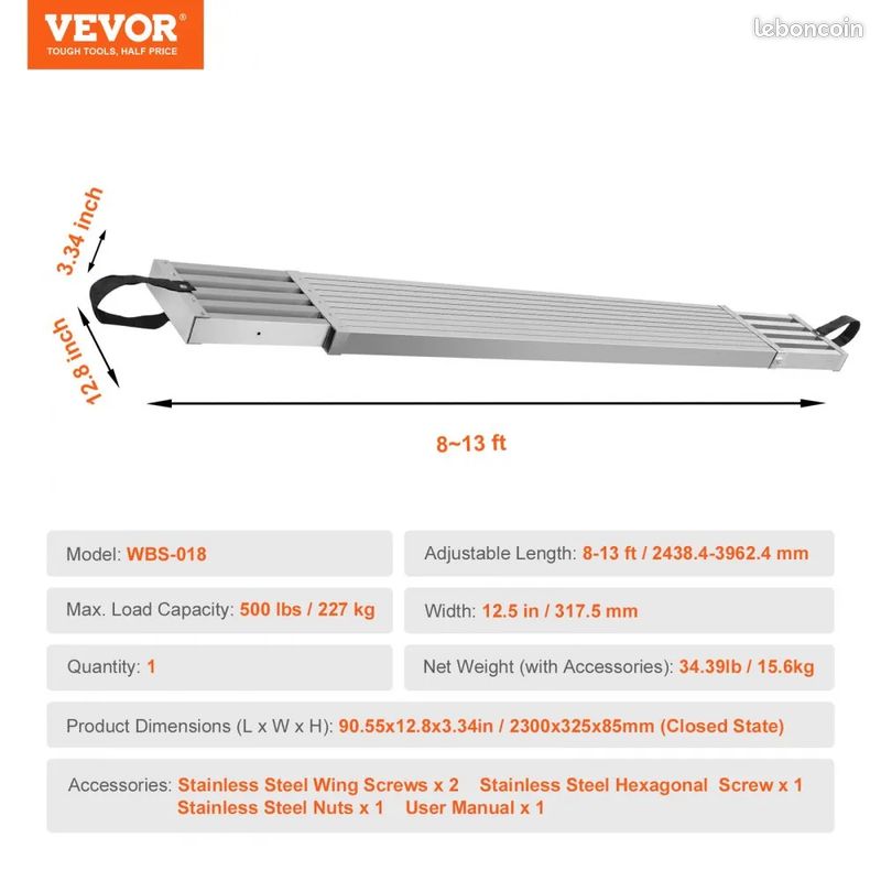 Planche d'échafaudage télescopique en aluminium, 2,44-3,96 m (image 5)