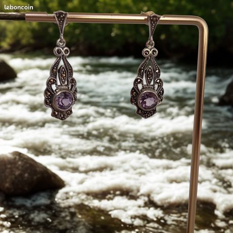 Boucles D'Oreilles Anciennes En Argent - Décor De Rose, Bijou Vintage Occasion