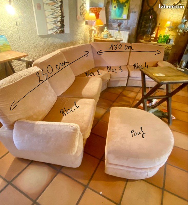 Canapé d’angle vintage en velours - avec pouf (image 2)
