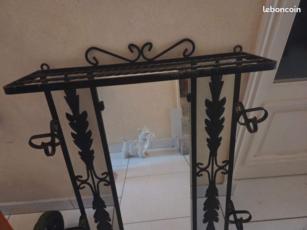 Porte manteau mural ancien en fer forgé avec grand miroir - 68x50x16 cm (image 3)