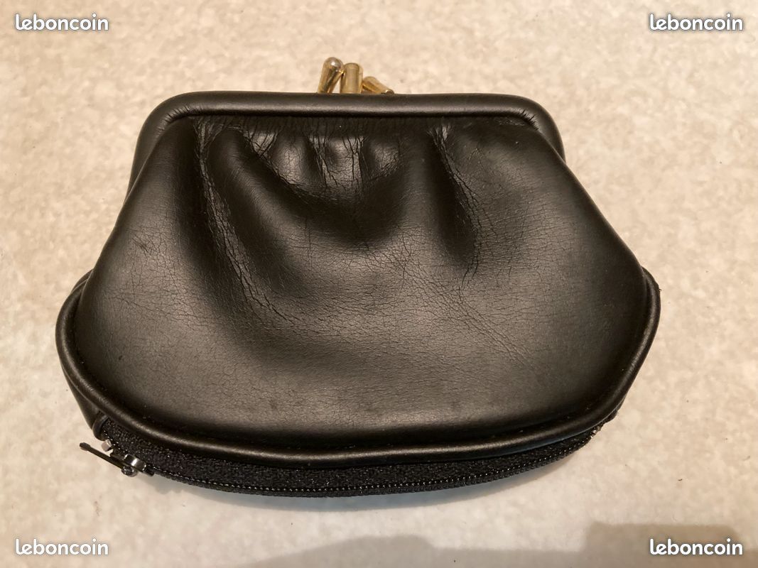 Bourse/porte-monnaie vintage en cuir noir à fermoir doré (image 2)