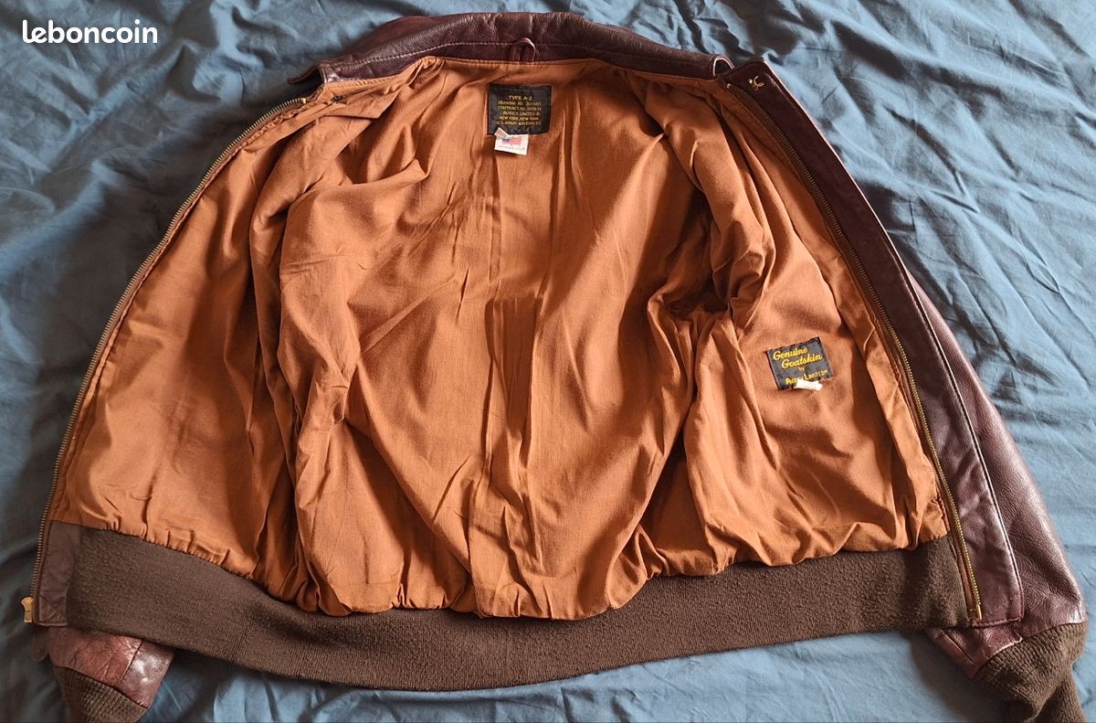 Blouson Aviateur US WW2 A2 AVREX - Reproduction En Cuir Marron Taille 42 - Neuf Avec étiquettes