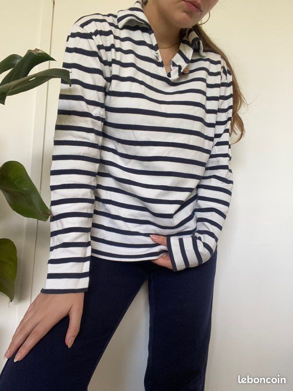 Tee shirt à manches longues sweat pull marinière bleu marine (image 5)