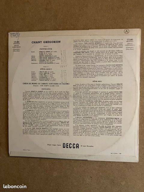 Chant Grégorien Pentecôte Fête-Dieu vinyle (image 2)