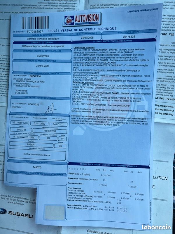 Subaru Forester dans l’etat controle technique en photos 2.0X AWD 158 ch – 2007 – 149 665 km – Dépôt-Vente – Carnet d'entretien (image 10)