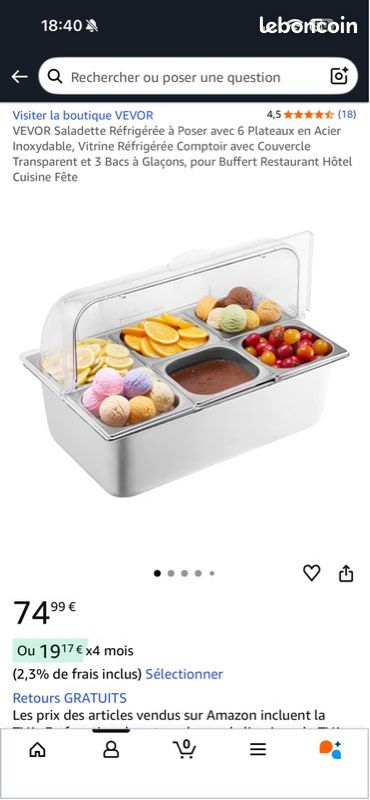 VEVOR Saladette Réfrigérée à Poser 1 Plateau Inox – Vitrine Comptoir Avec Couvercle Transparent, Bac Glaçons, Pour Buffet, Restaurant, Hôtel, Traiteur
